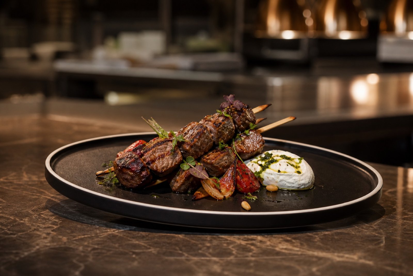 Chargrilled skewers with roasted vegetables and herbs